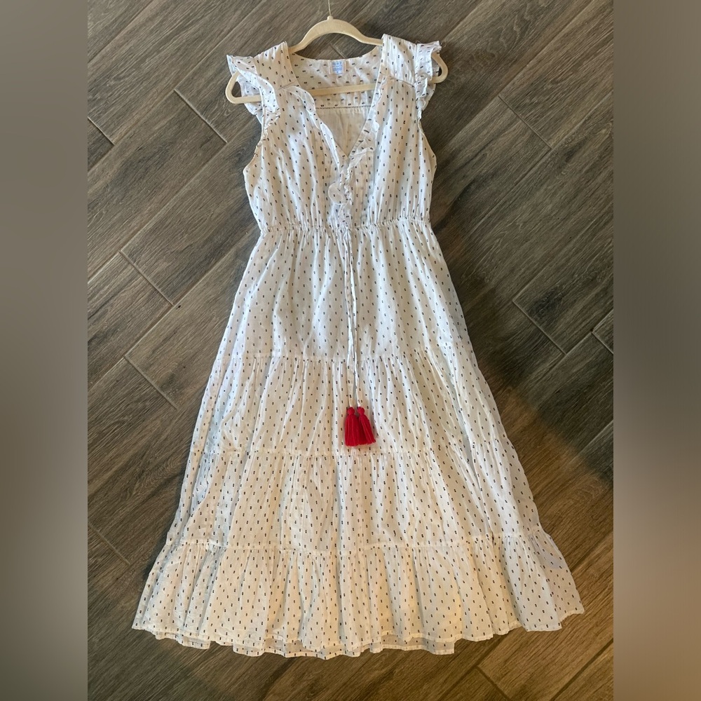 Mer St. Barth Giselle Midi Dress White and Black  Size M Cotton Red Tassel